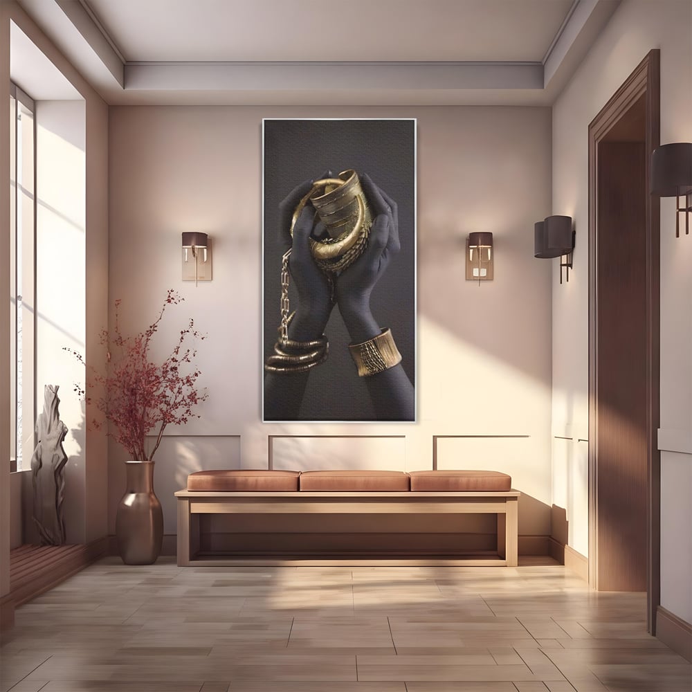Tablou canvas cu tablou canvas cu maini negre si bijuterii aurii, in rama de aluminiu argintiu